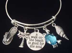A Walk on the Beach Jewelry Silver Adjustable Charm Bracelet One Size Fits All Gift Expandable Bracelet Bangle Crab Palm Tree Flip Flops Sea Shell Jewelry
