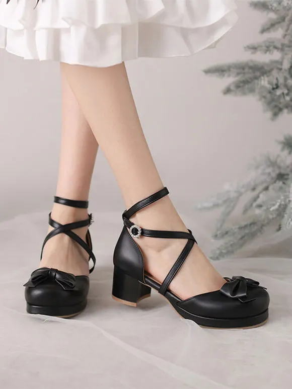 Academic Lolita Sandals Bows Round Toe PU Leather Black Lolita Summer Shoes