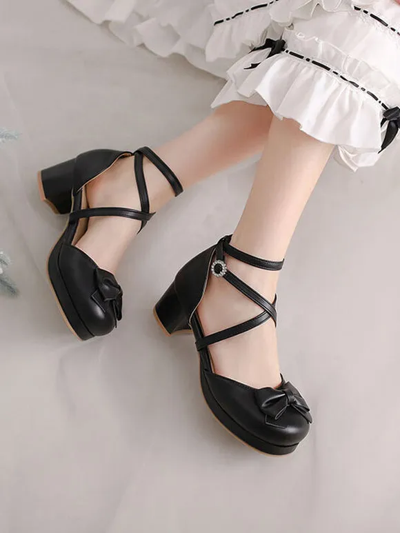 Academic Lolita Sandals Bows Round Toe PU Leather Black Lolita Summer Shoes