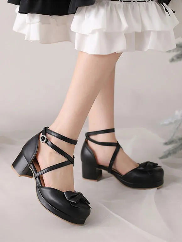 Academic Lolita Sandals Bows Round Toe PU Leather Black Lolita Summer Shoes
