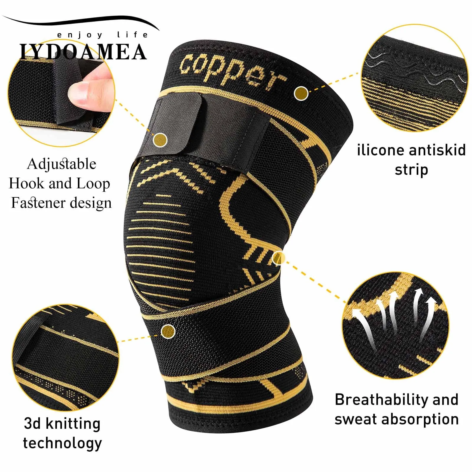 Adjustable Copper Knee Braces, Black, Size 5XL