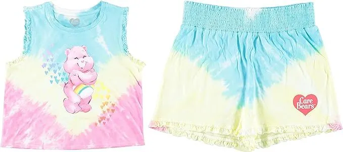 Adorable Care Bears Junior Girls Tie-Dye Crop Top and Shorts Set: Spread Love and Cheer!