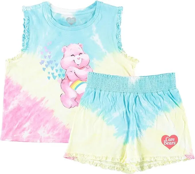 Adorable Care Bears Junior Girls Tie-Dye Crop Top and Shorts Set: Spread Love and Cheer!