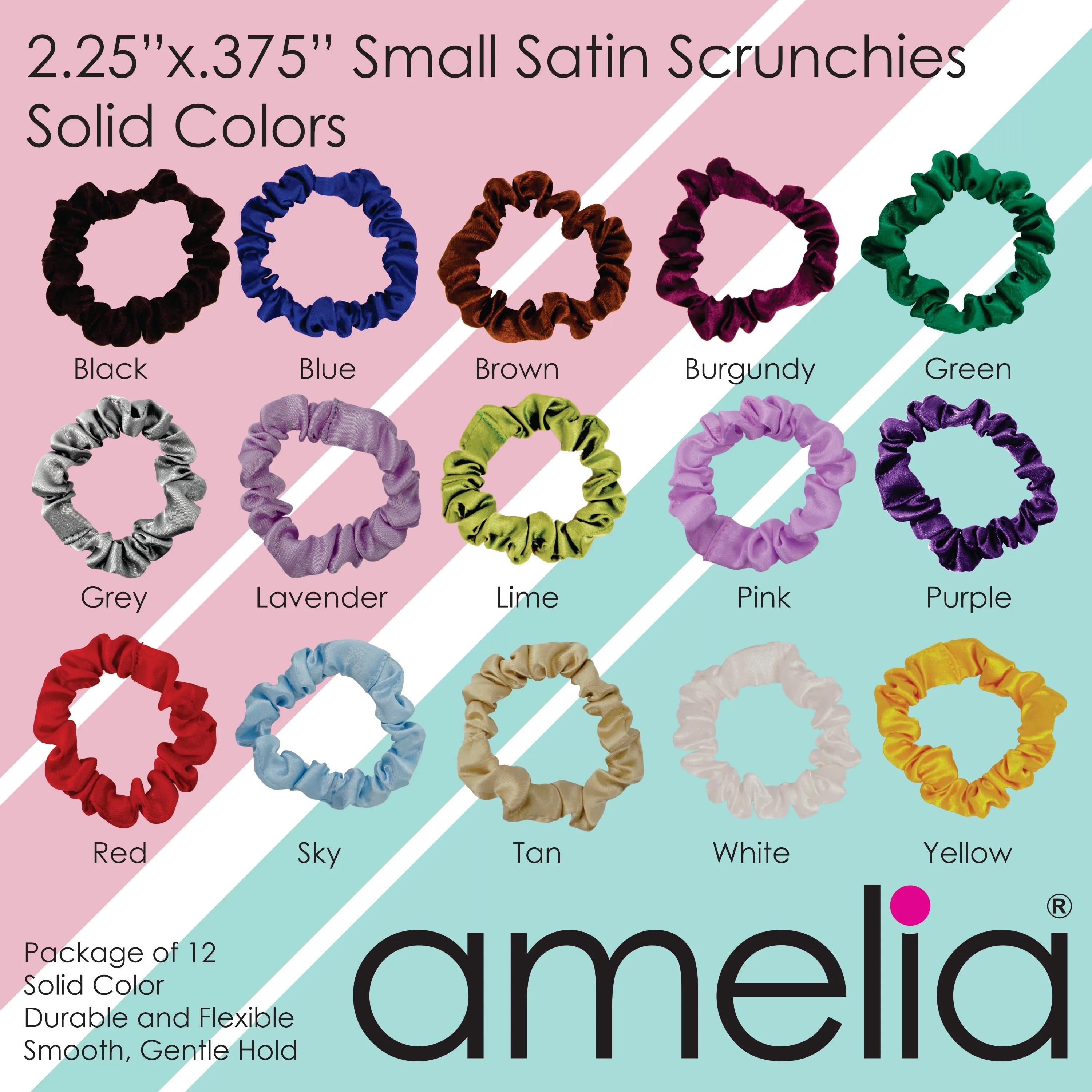 Amelia Beauty, Lavender Satin Scrunchies, 2.25in Diameter, Gentle on Hair, Strong Hold, No Snag, No Dents or Creases. 12 Pack