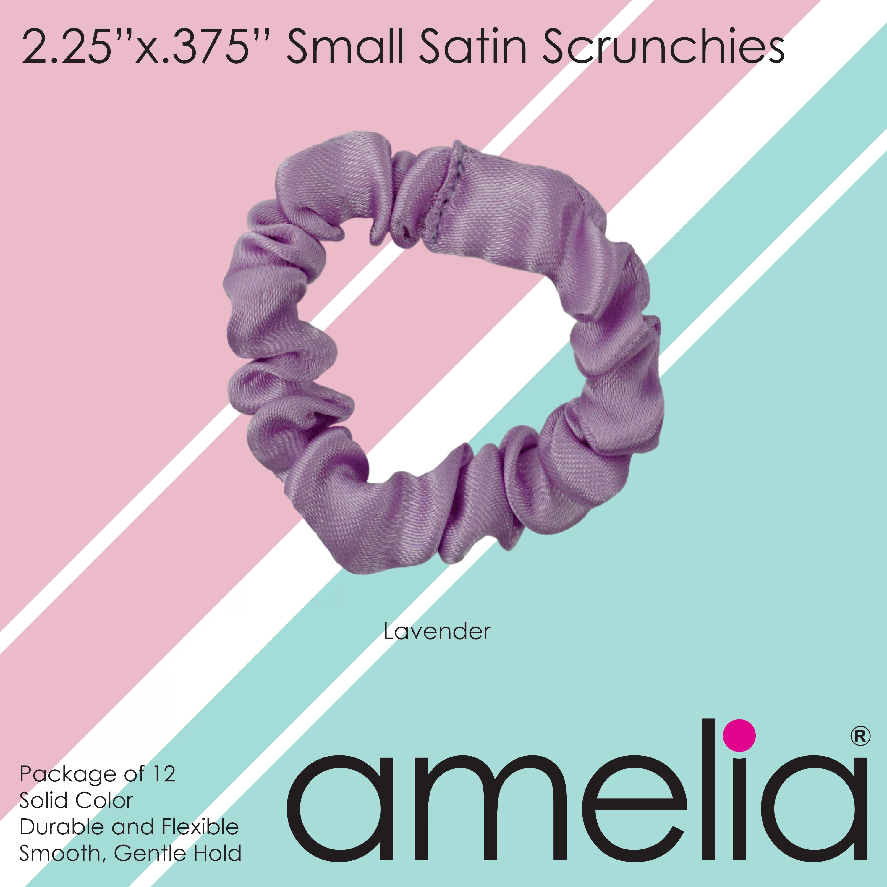 Amelia Beauty, Lavender Satin Scrunchies, 2.25in Diameter, Gentle on Hair, Strong Hold, No Snag, No Dents or Creases. 12 Pack