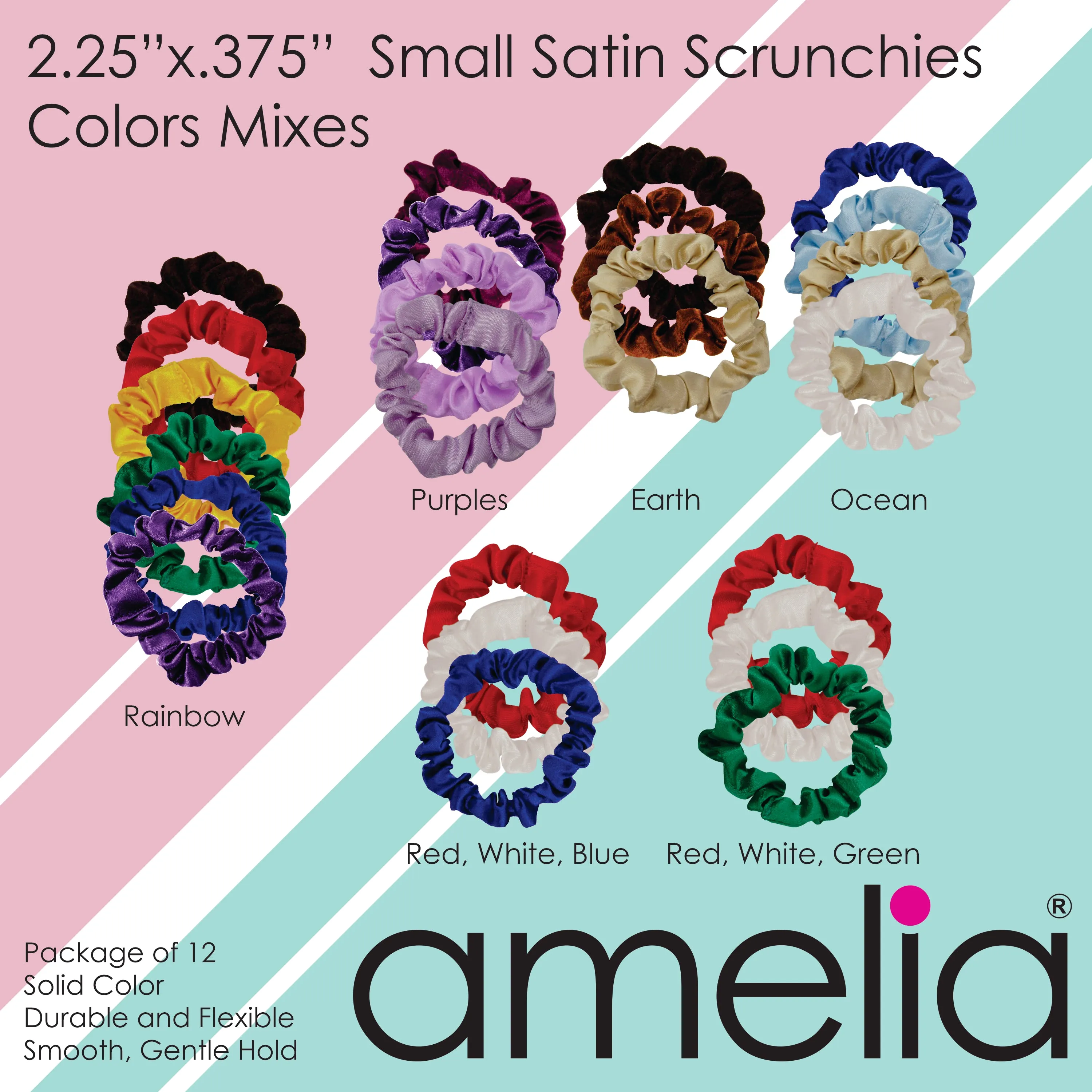 Amelia Beauty, Lavender Satin Scrunchies, 2.25in Diameter, Gentle on Hair, Strong Hold, No Snag, No Dents or Creases. 12 Pack