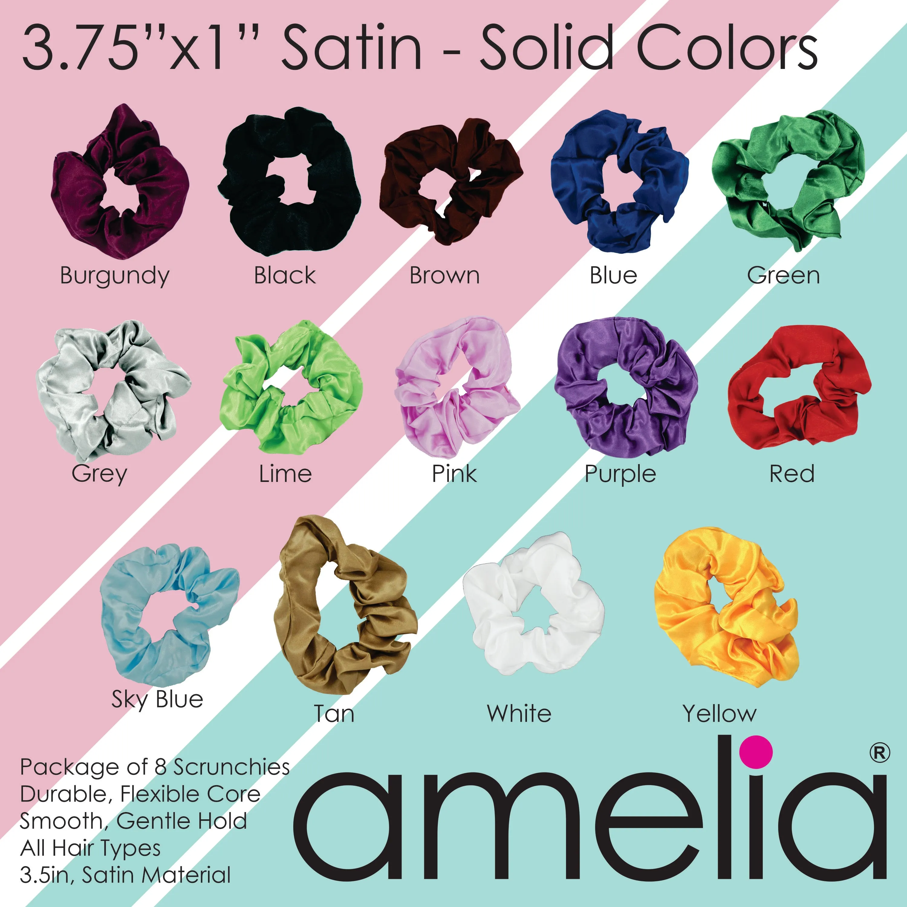 Amelia Beauty Products, Green Satin Scrunchies, 3.5in Diameter, Gentle on Hair, Strong Hold, No Snag, No Dents or Creases. 8 Pack