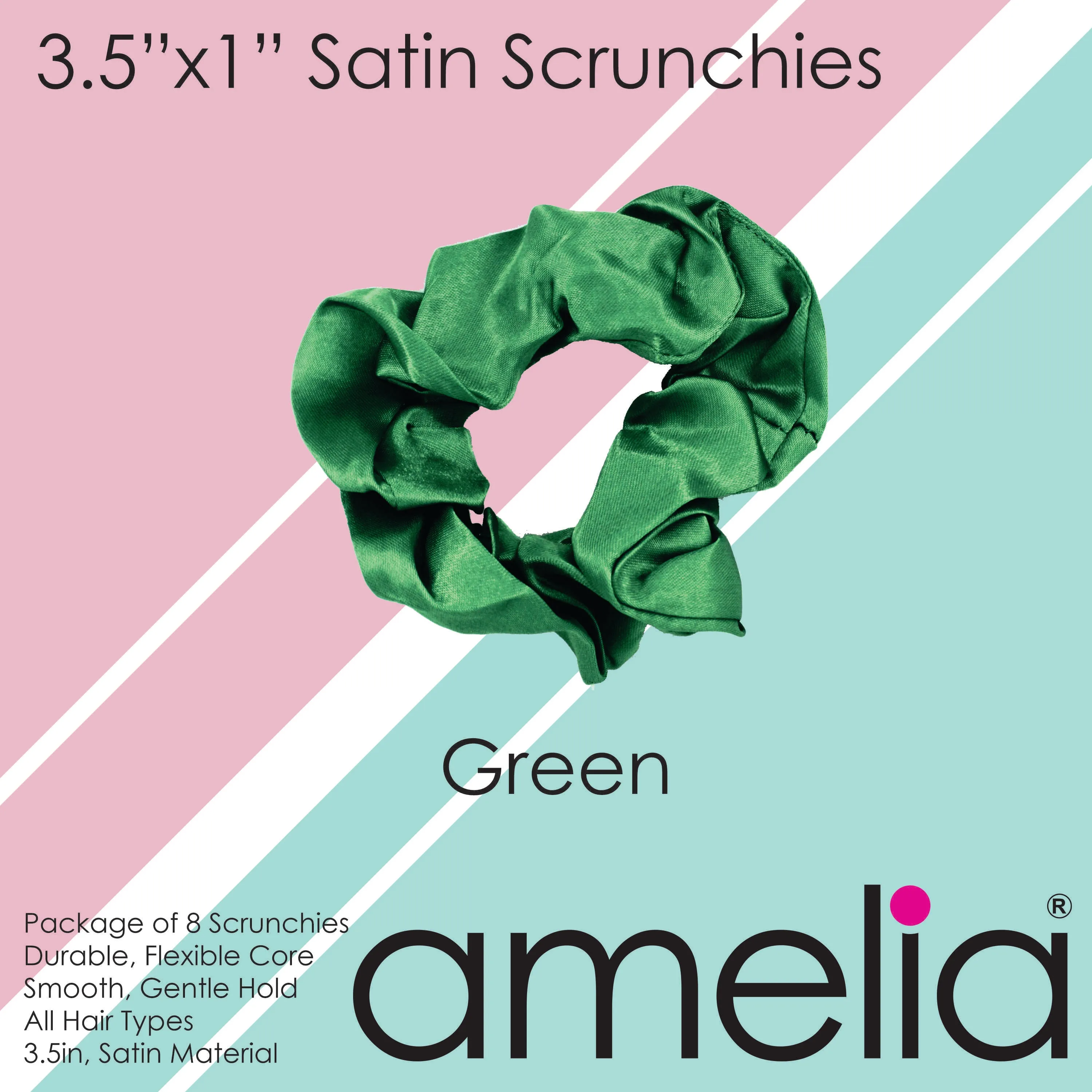 Amelia Beauty Products, Green Satin Scrunchies, 3.5in Diameter, Gentle on Hair, Strong Hold, No Snag, No Dents or Creases. 8 Pack