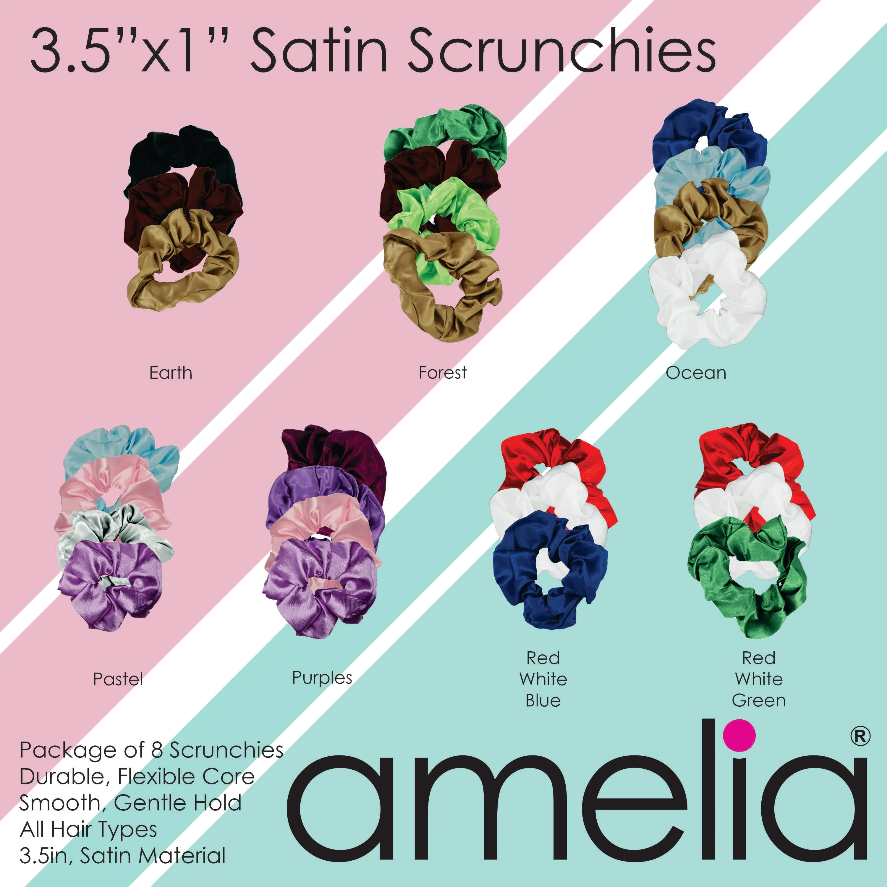 Amelia Beauty Products, Green Satin Scrunchies, 3.5in Diameter, Gentle on Hair, Strong Hold, No Snag, No Dents or Creases. 8 Pack