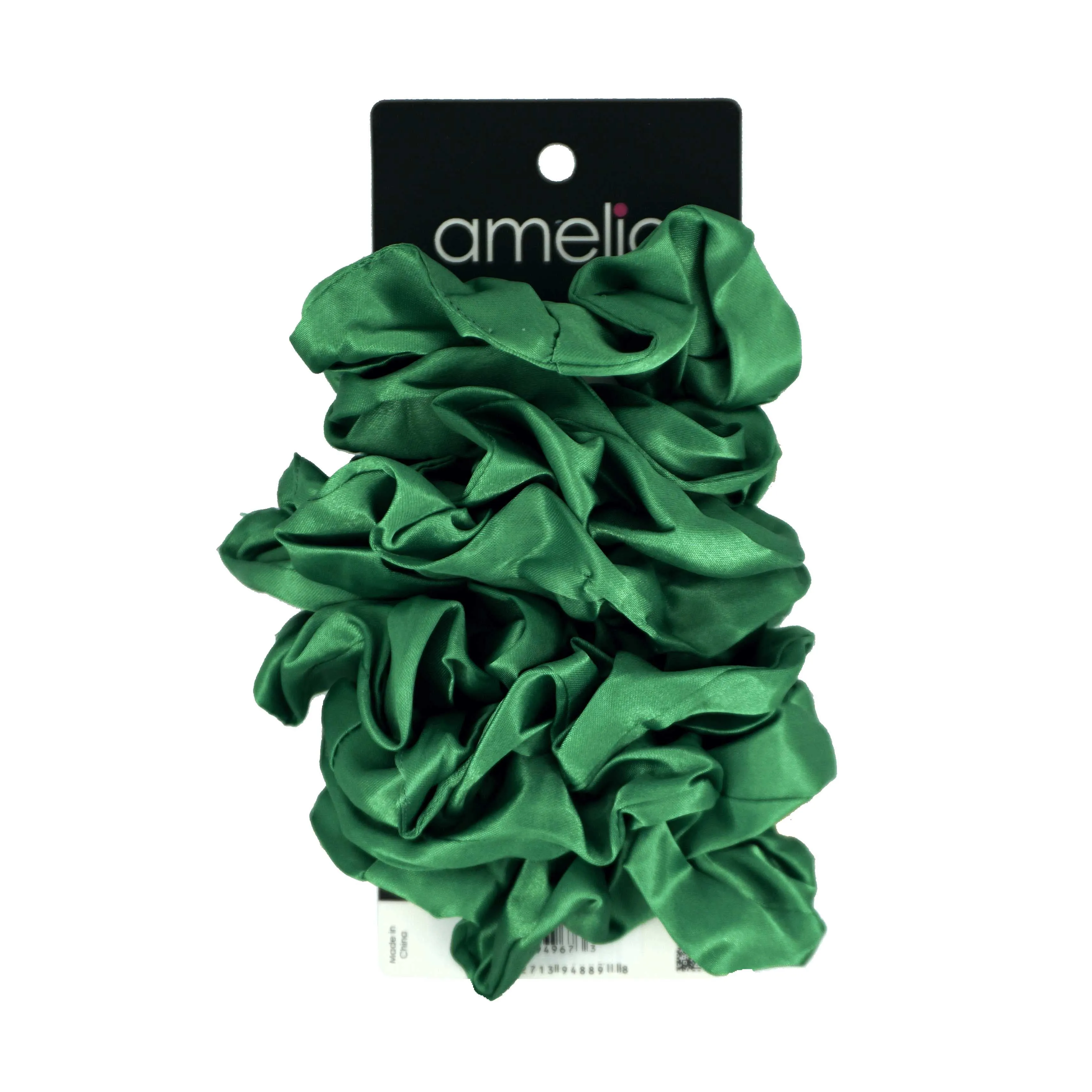 Amelia Beauty Products, Green Satin Scrunchies, 3.5in Diameter, Gentle on Hair, Strong Hold, No Snag, No Dents or Creases. 8 Pack