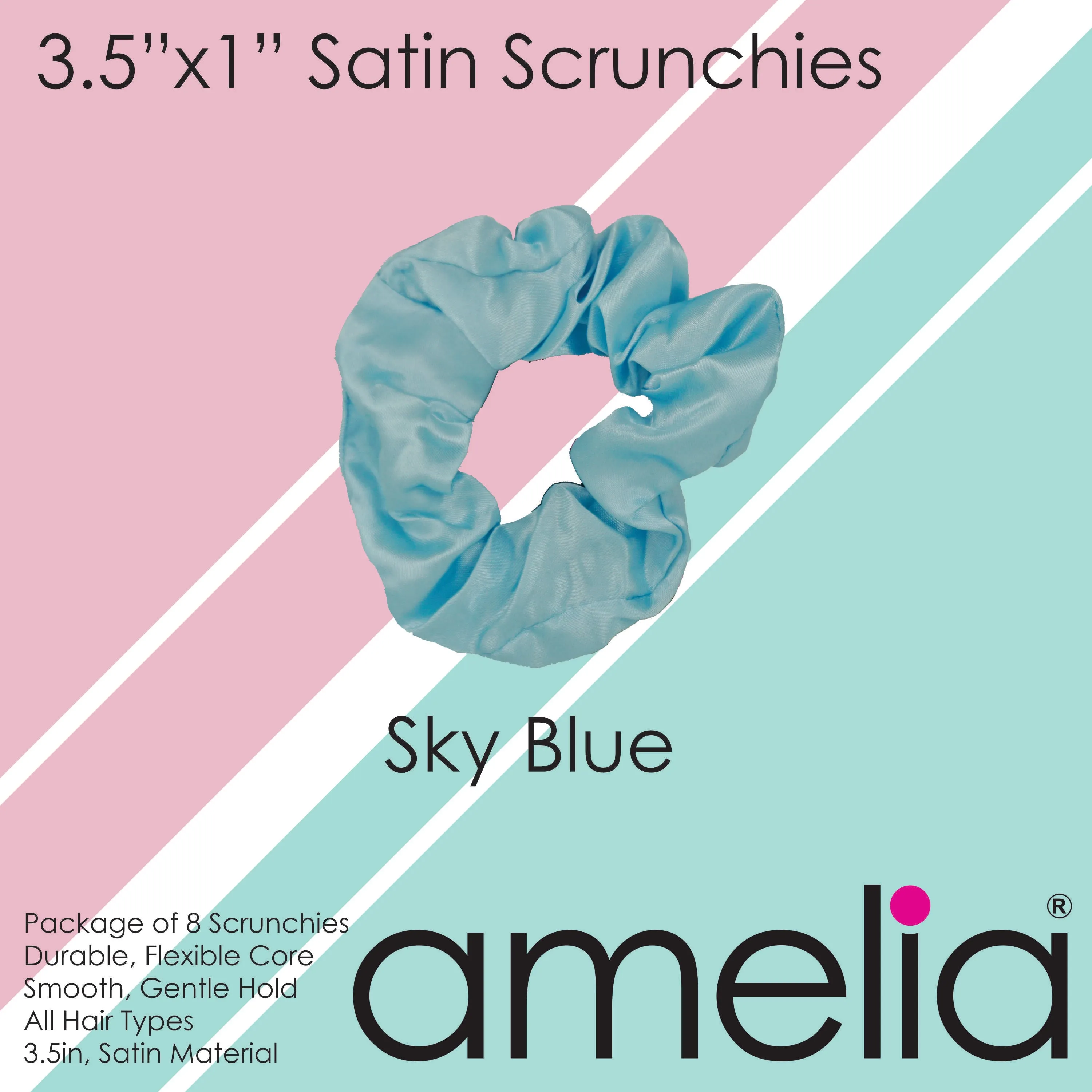 Amelia Beauty Products, Sky Satin Scrunchies, 3.5in Diameter, Gentle on Hair, Strong Hold, No Snag, No Dents or Creases. 8 Pack