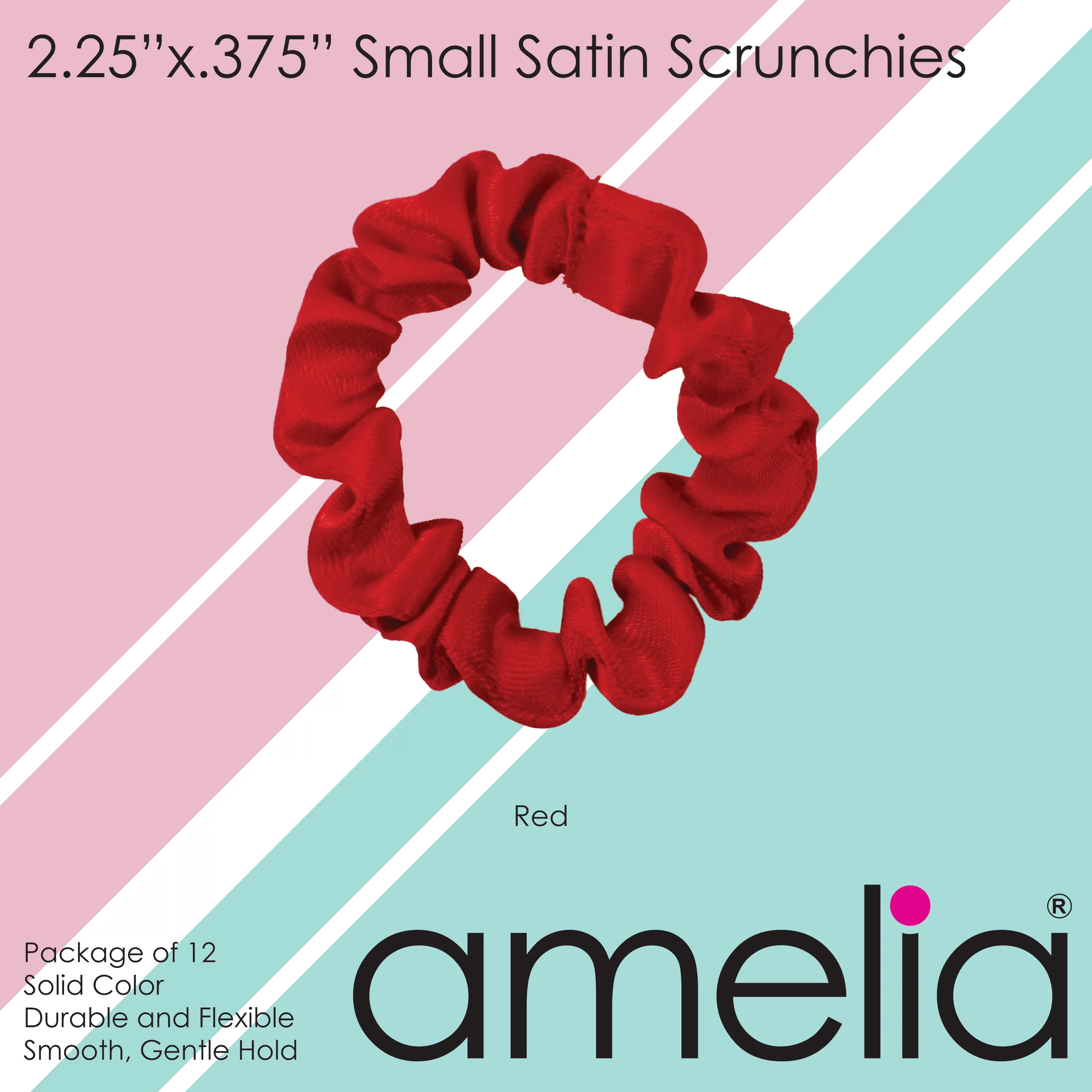 Amelia Beauty, Red Satin Scrunchies, 2.25in Diameter, Gentle on Hair, Strong Hold, No Snag, No Dents or Creases. 12 Pack