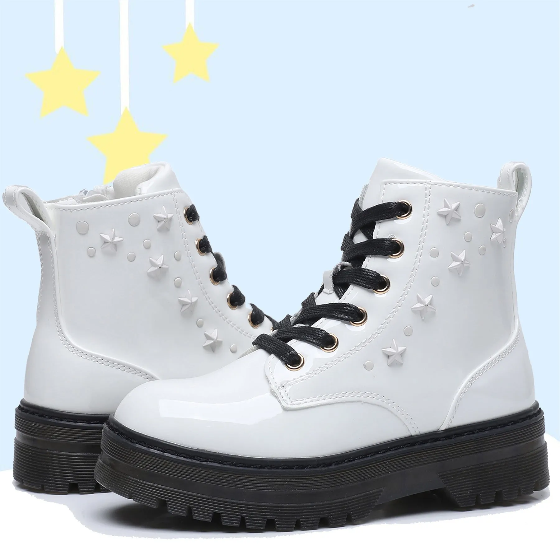 Apakowa Kids Girls Combat Ankle Boots With Side Zipper for Toddler Little/Big Kid-DY6250-PatentWhite