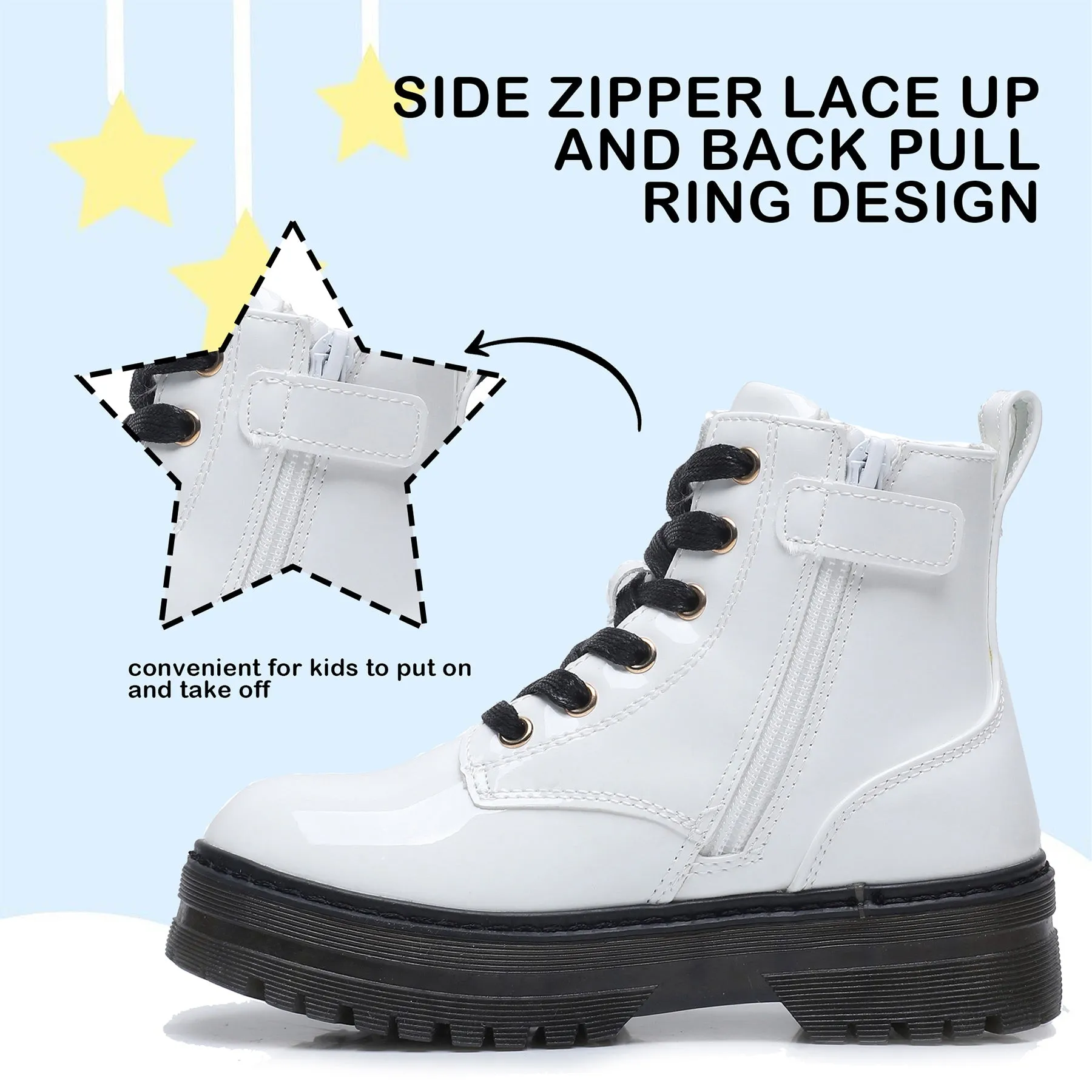 Apakowa Kids Girls Combat Ankle Boots With Side Zipper for Toddler Little/Big Kid-DY6250-PatentWhite