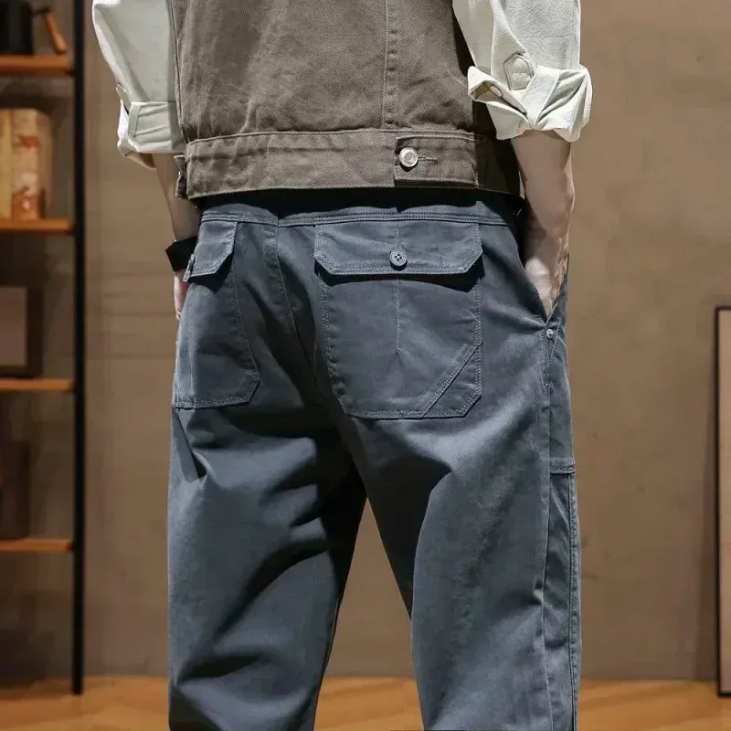 Autumn Korean Style Cargo Trousers: Cotton Stretch Straight Casual Pants for Men