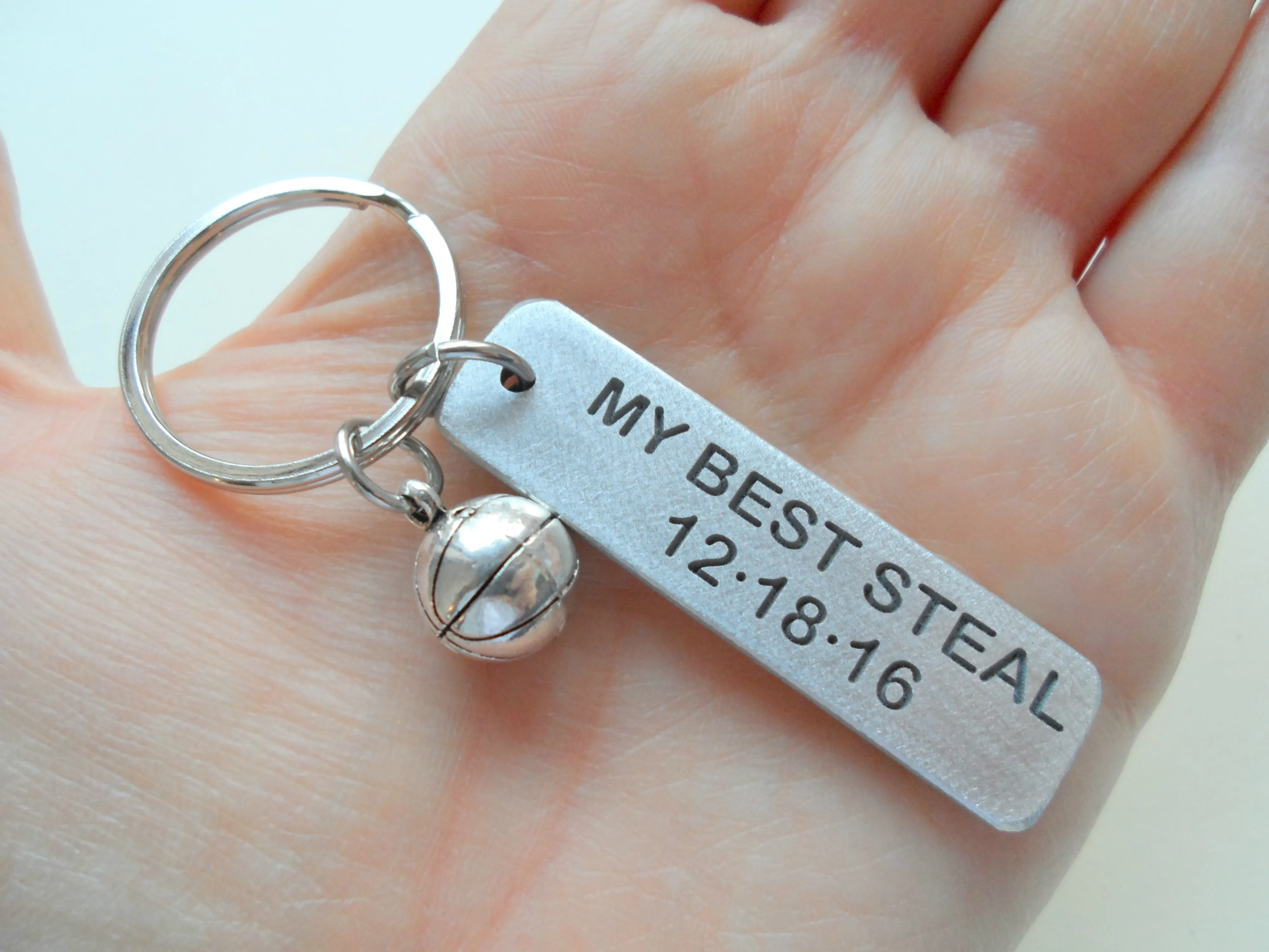 Basketball "My Best Steal" Engraved on Aluminum Tag Keychain and Basketball Charm Keychain; Couples Keychain, Personalized Option