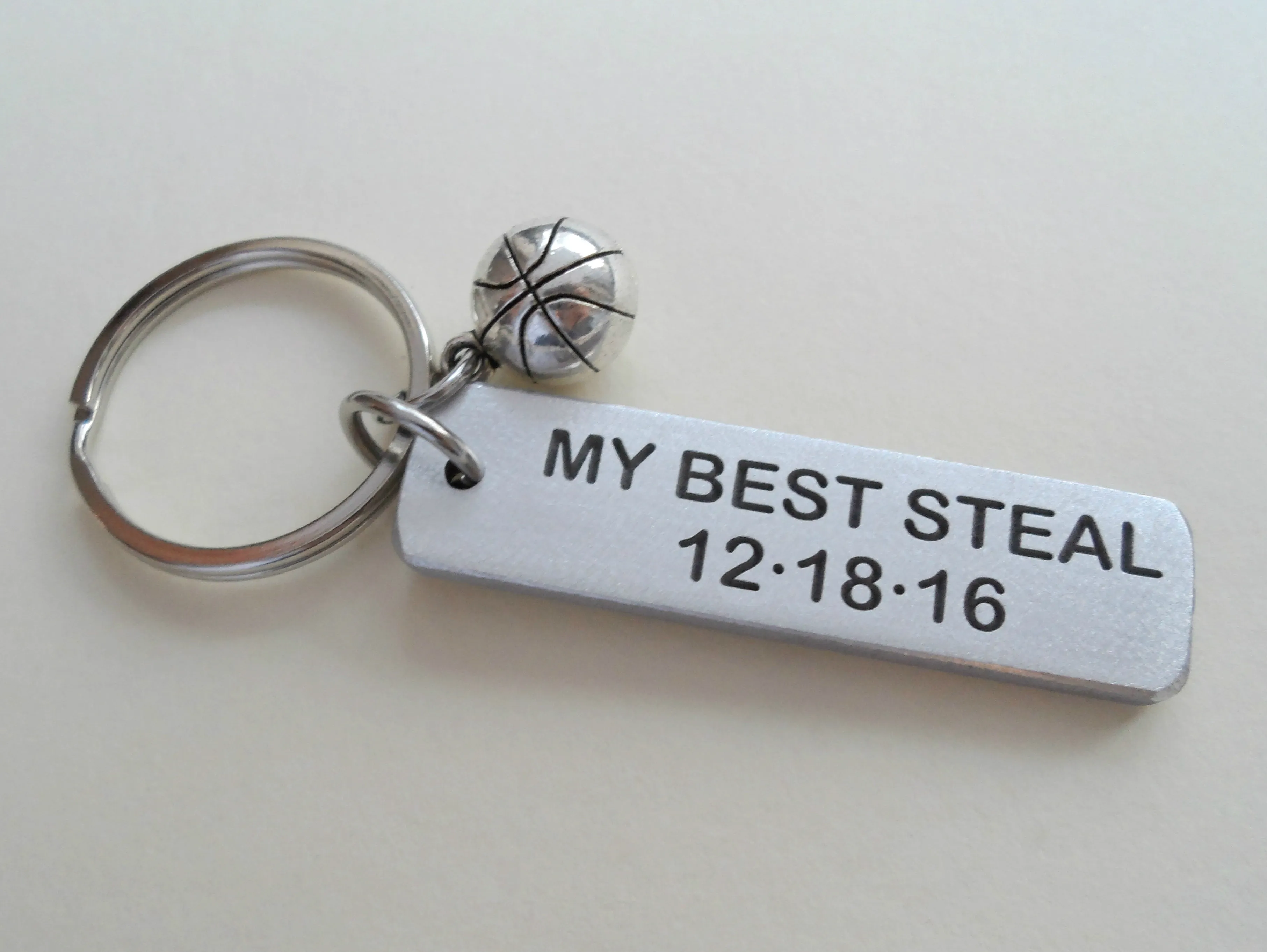 Basketball "My Best Steal" Engraved on Aluminum Tag Keychain and Basketball Charm Keychain; Couples Keychain, Personalized Option