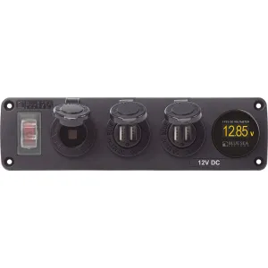 BLUE SEA 4368 WATER RESISTANT USB ACCESSORY PANEL - 12V SOCKET, 2X 2.1A DUAL USB CHARGERS, MINI VOLTMETER