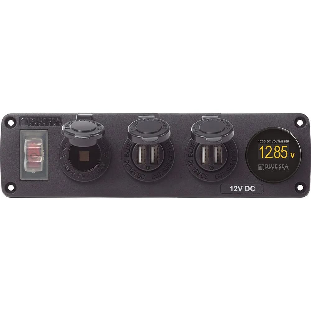 BLUE SEA 4368 WATER RESISTANT USB ACCESSORY PANEL - 12V SOCKET, 2X 2.1A DUAL USB CHARGERS, MINI VOLTMETER