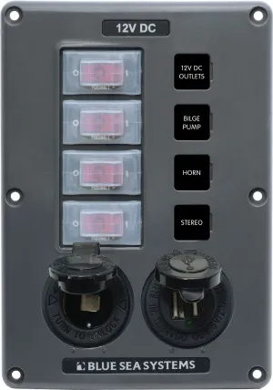 Blue Sea Systems 4321 Water-Resistant Circuit Breaker Switch Panel - Gray, 4 pos.   12 Volt Socket and Dual USB Charger