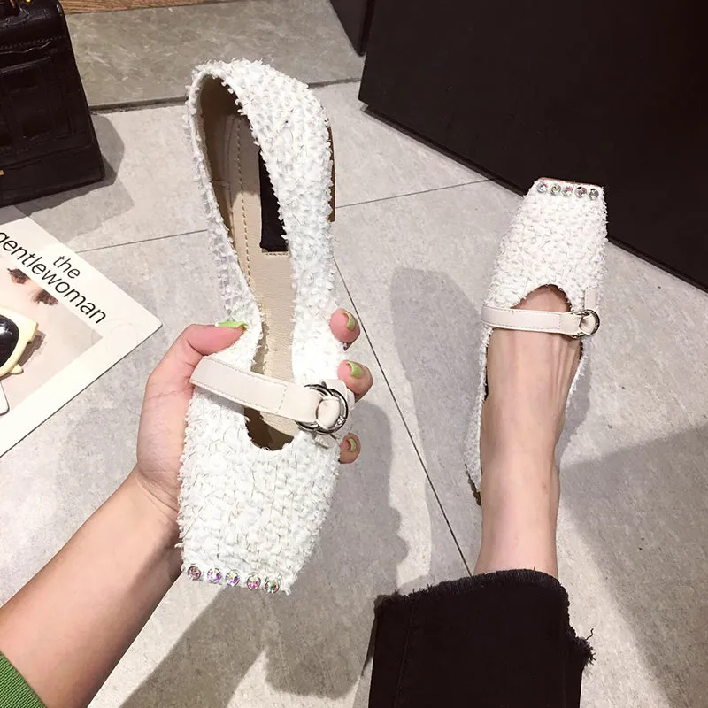 BOOPDO DESIGN SQUARE TOE WIDE FIT LOAFERS  IN EMBELLISHED