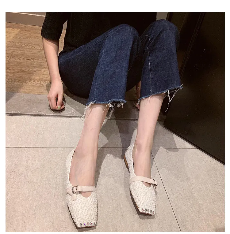 BOOPDO DESIGN SQUARE TOE WIDE FIT LOAFERS  IN EMBELLISHED