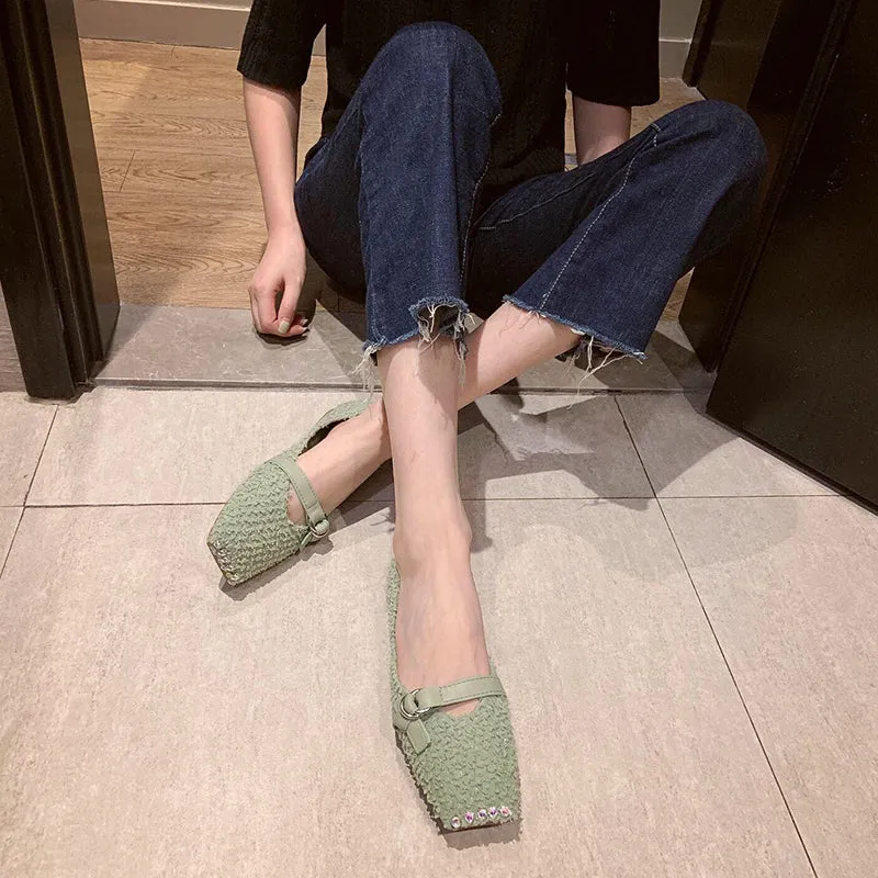 BOOPDO DESIGN SQUARE TOE WIDE FIT LOAFERS  IN EMBELLISHED