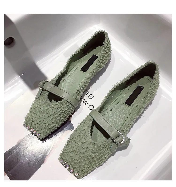 BOOPDO DESIGN SQUARE TOE WIDE FIT LOAFERS  IN EMBELLISHED