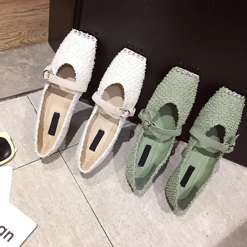 BOOPDO DESIGN SQUARE TOE WIDE FIT LOAFERS  IN EMBELLISHED
