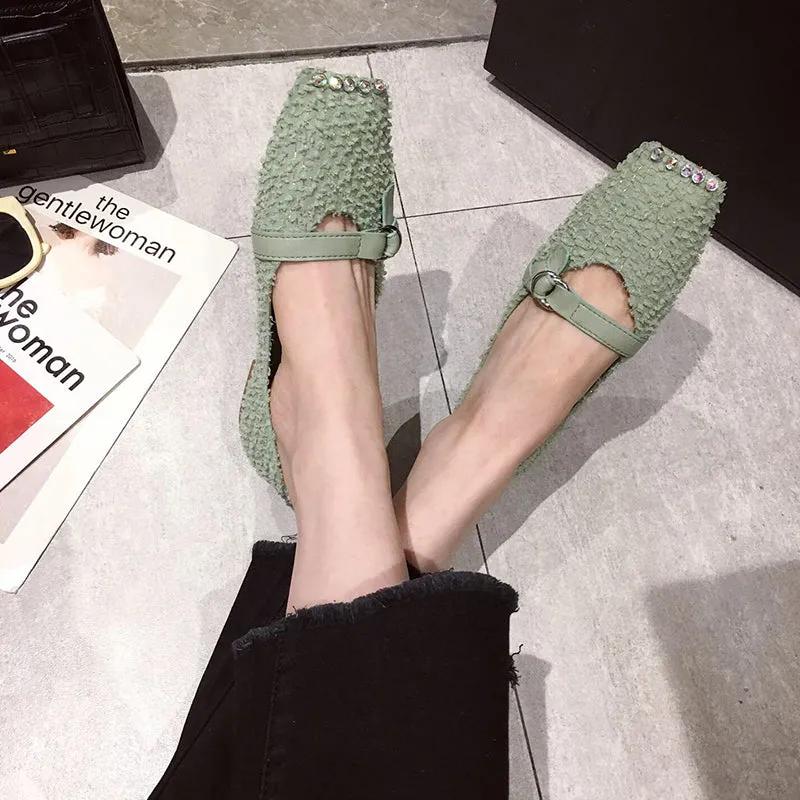 BOOPDO DESIGN SQUARE TOE WIDE FIT LOAFERS  IN EMBELLISHED