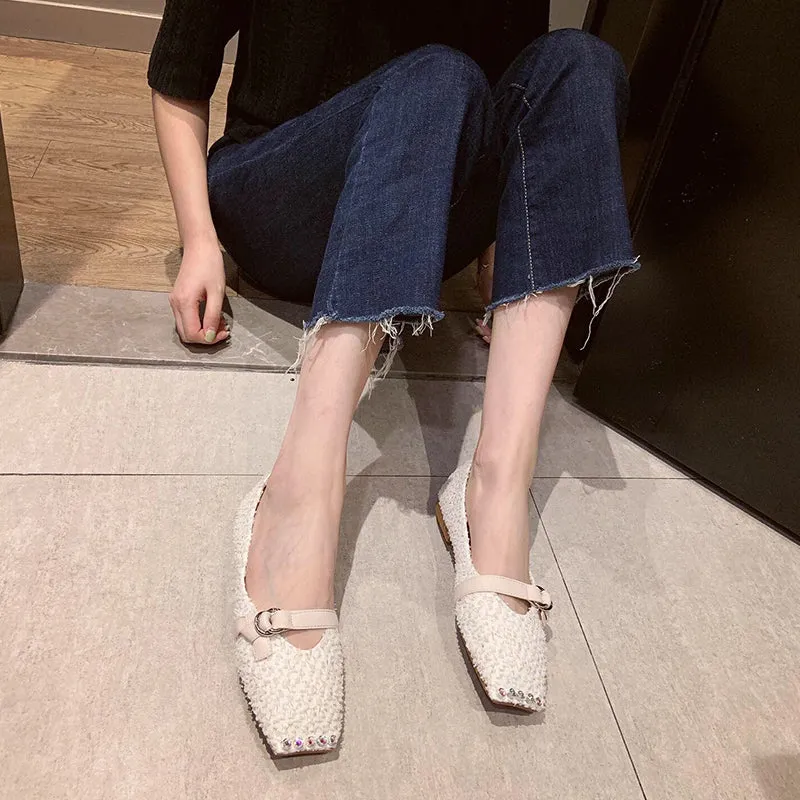 BOOPDO DESIGN SQUARE TOE WIDE FIT LOAFERS  IN EMBELLISHED