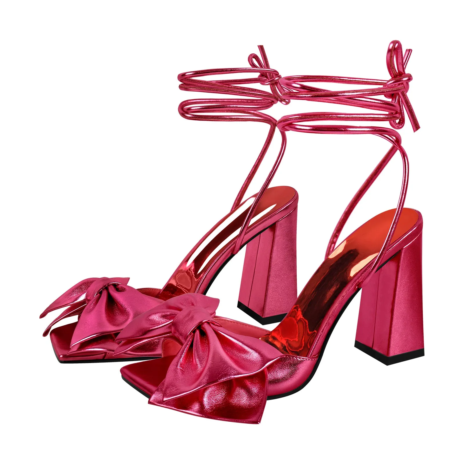 Bow Lace Up Square Toe Chunky Heel Sandals