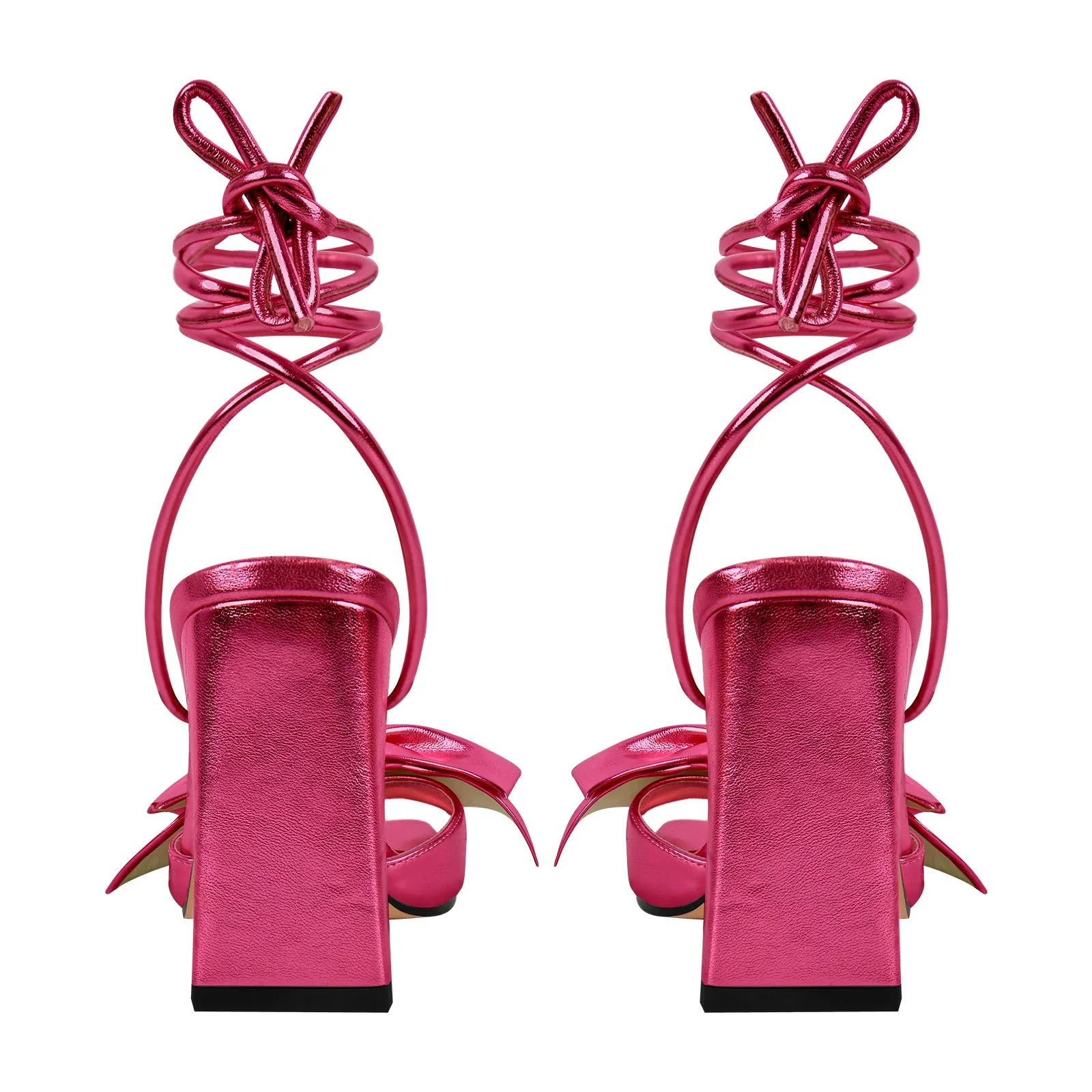 Bow Lace Up Square Toe Chunky Heel Sandals