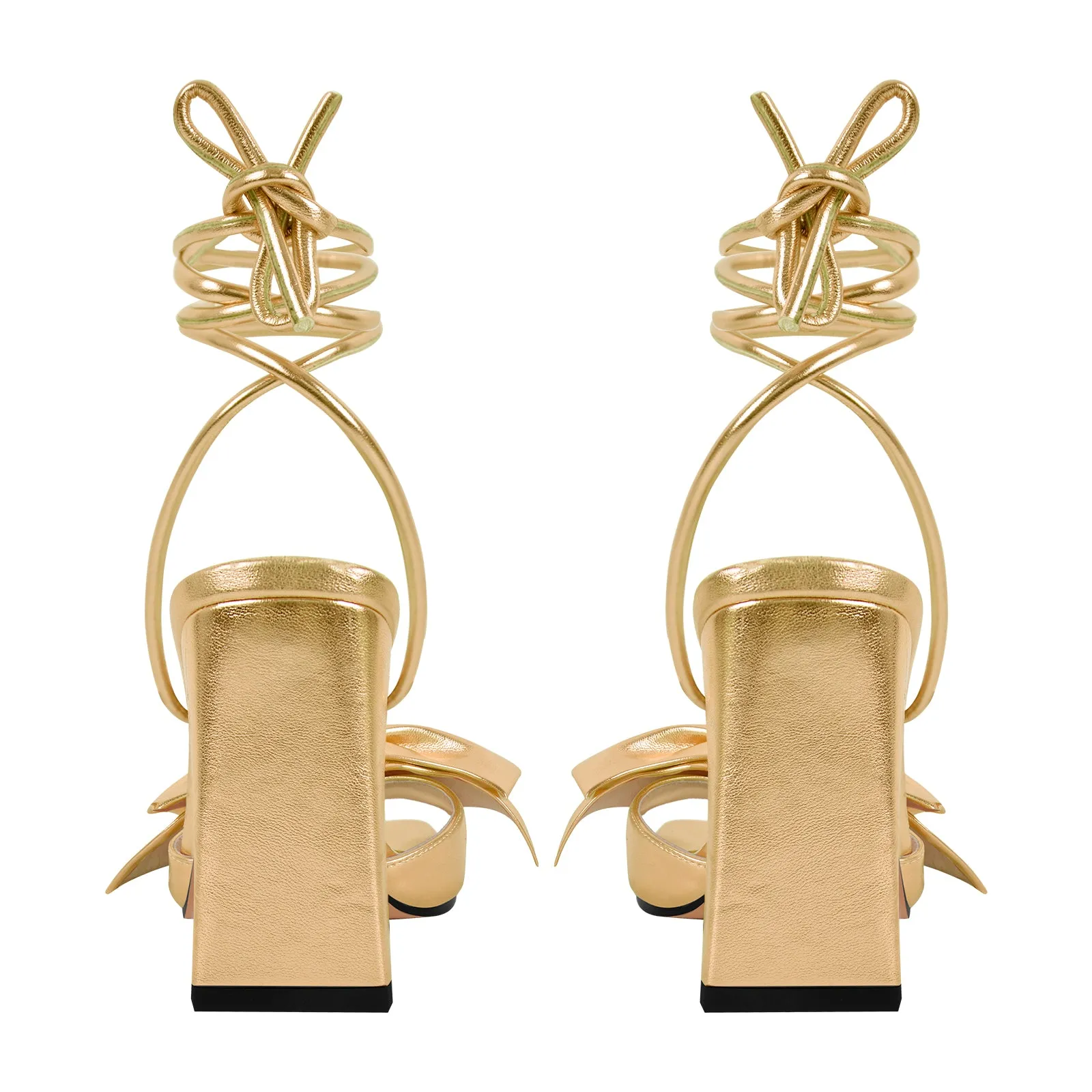 Bow Lace Up Square Toe Chunky Heel Sandals