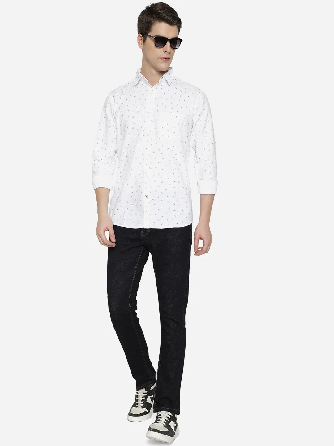 Bright White Printed Slim Fit Semi Casual Shirt | JadeBlue