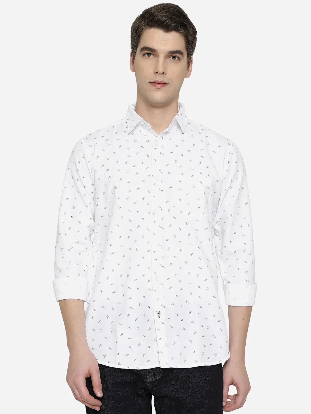 Bright White Printed Slim Fit Semi Casual Shirt | JadeBlue