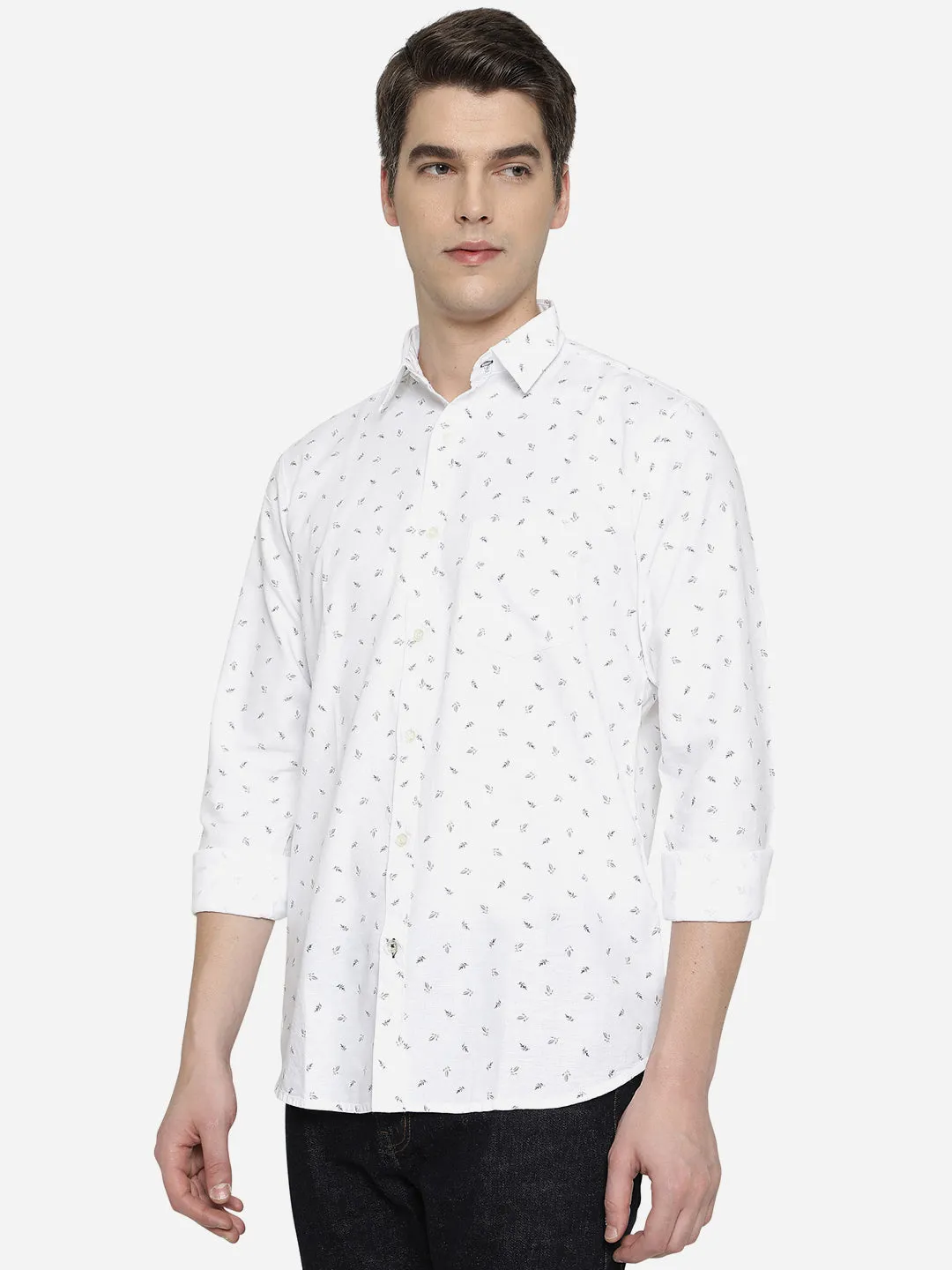 Bright White Printed Slim Fit Semi Casual Shirt | JadeBlue
