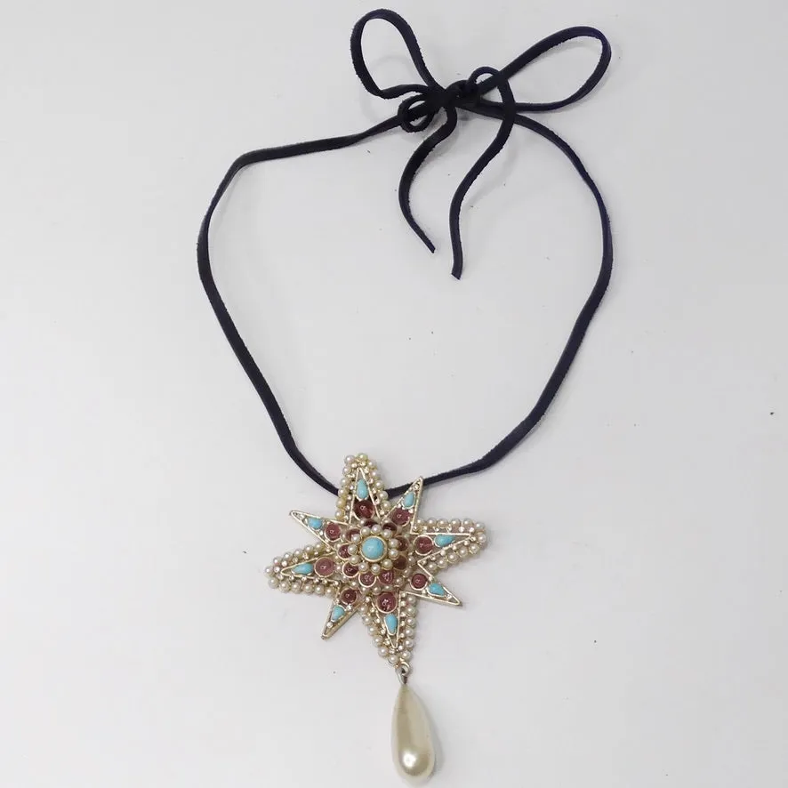 Chanel Gripiox Pendent Choker on Leather Chord with Tear Drop Pearl
