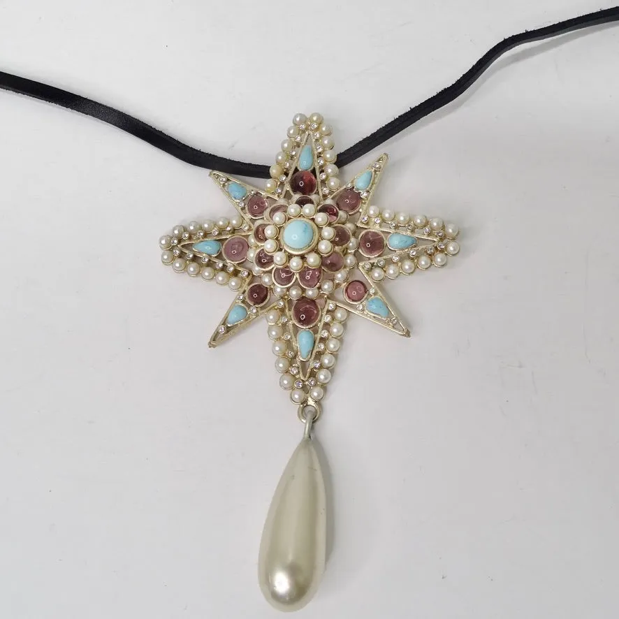 Chanel Gripiox Pendent Choker on Leather Chord with Tear Drop Pearl