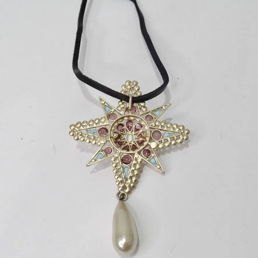 Chanel Gripiox Pendent Choker on Leather Chord with Tear Drop Pearl