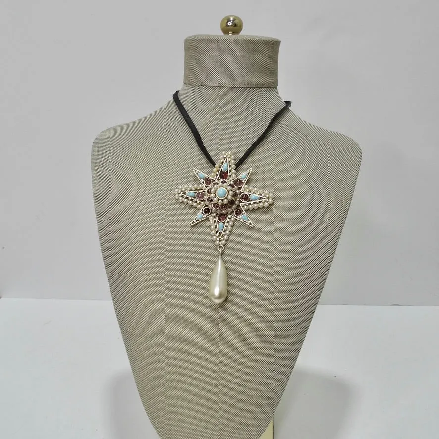 Chanel Gripiox Pendent Choker on Leather Chord with Tear Drop Pearl