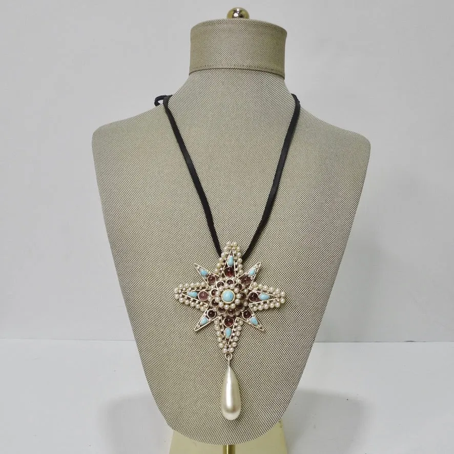 Chanel Gripiox Pendent Choker on Leather Chord with Tear Drop Pearl