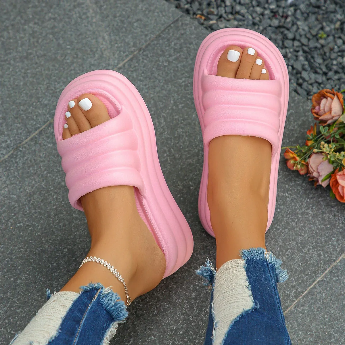 Chunky Platform Slippers - Women’s Summer Thick Bottom Wedge Heels Sandals, Non-Slip Outdoor Flip Flops