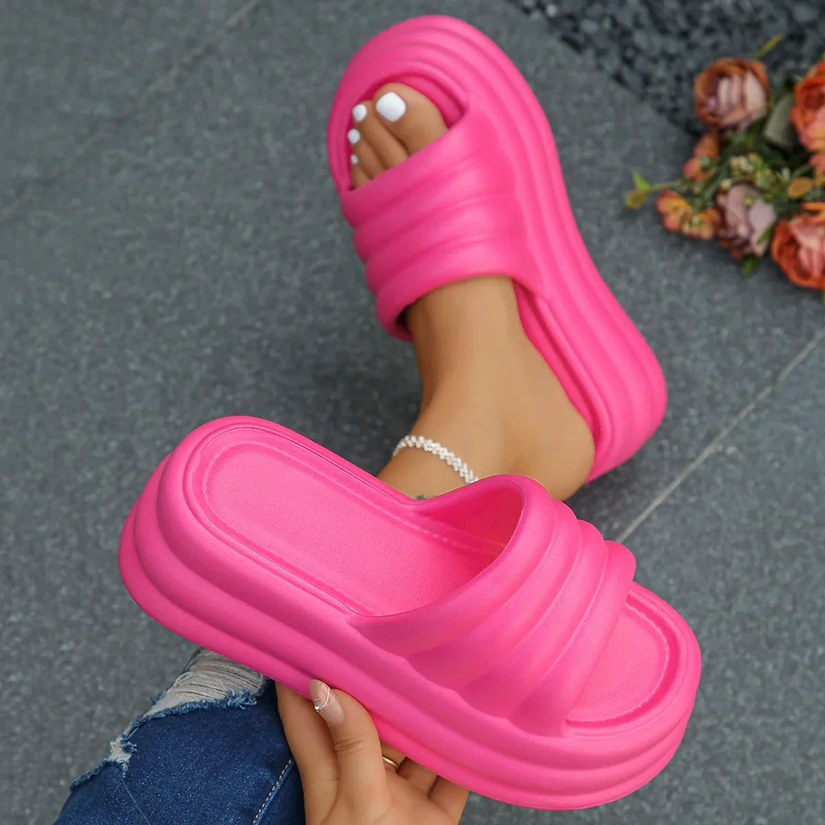 Chunky Platform Slippers - Women’s Summer Thick Bottom Wedge Heels Sandals, Non-Slip Outdoor Flip Flops