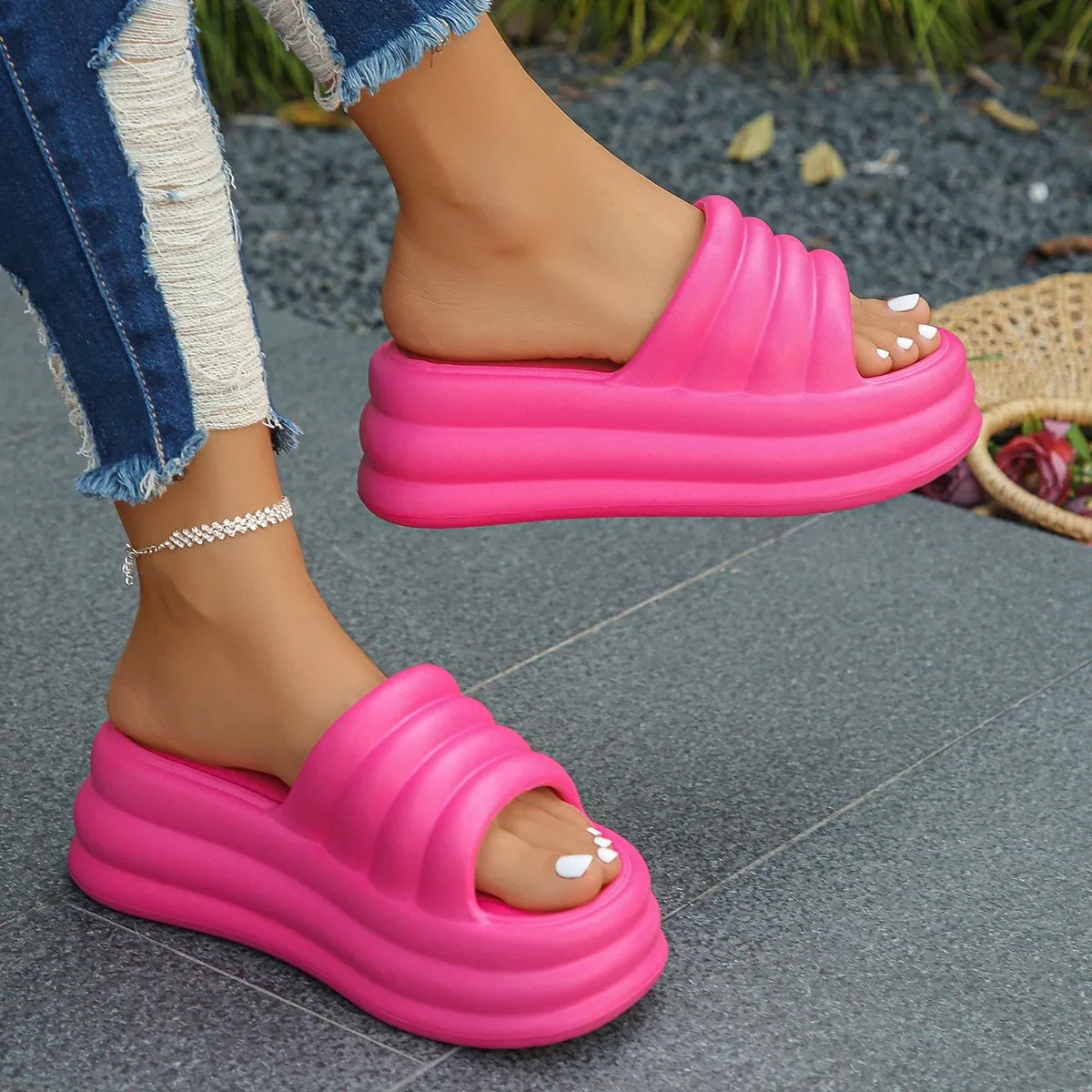 Chunky Platform Slippers - Women’s Summer Thick Bottom Wedge Heels Sandals, Non-Slip Outdoor Flip Flops