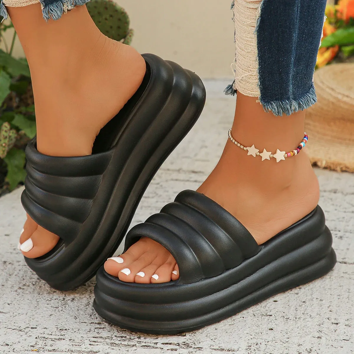Chunky Platform Slippers - Women’s Summer Thick Bottom Wedge Heels Sandals, Non-Slip Outdoor Flip Flops