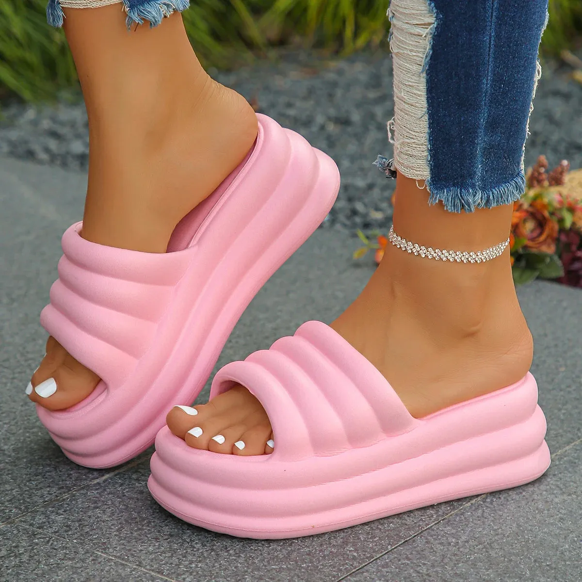 Chunky Platform Slippers - Women’s Summer Thick Bottom Wedge Heels Sandals, Non-Slip Outdoor Flip Flops