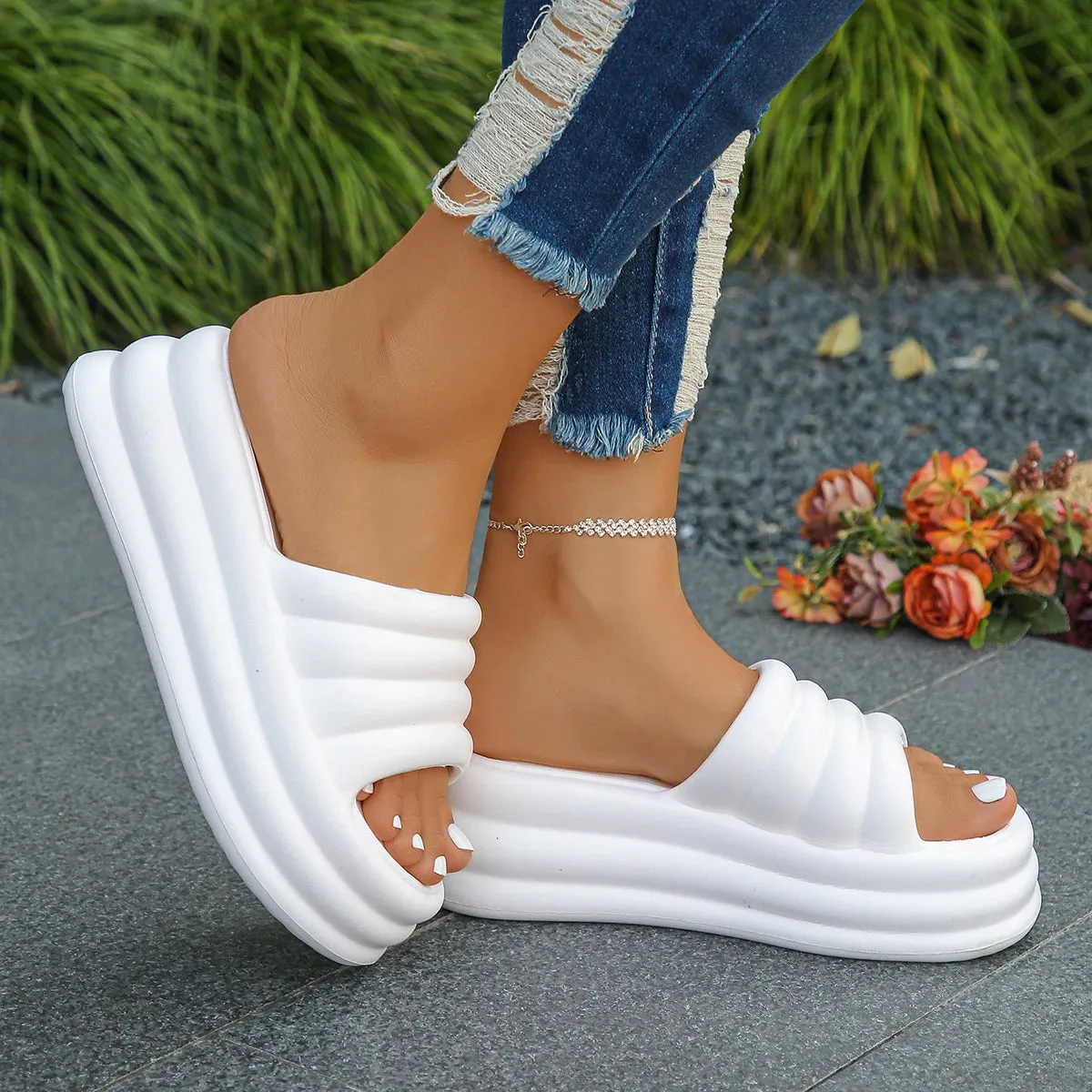 Chunky Platform Slippers - Women’s Summer Thick Bottom Wedge Heels Sandals, Non-Slip Outdoor Flip Flops