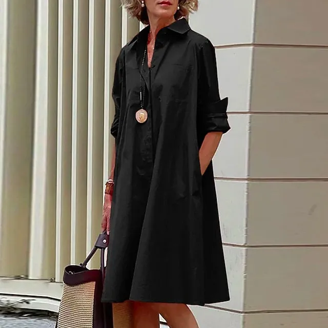 CityHottie - Women's Shirt Dress Casual Dress Shift Dress Midi Dress Outdoor Winter Dress Daily Polyester Elegant Casual Shirt Collar Pocket Rolled Cuff Long Sleeve Summer Winter Fall Spring 2024 Loose Fit Red