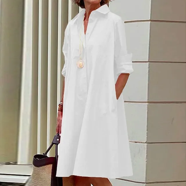 CityHottie - Women's Shirt Dress Casual Dress Shift Dress Midi Dress Outdoor Winter Dress Daily Polyester Elegant Casual Shirt Collar Pocket Rolled Cuff Long Sleeve Summer Winter Fall Spring 2024 Loose Fit Red